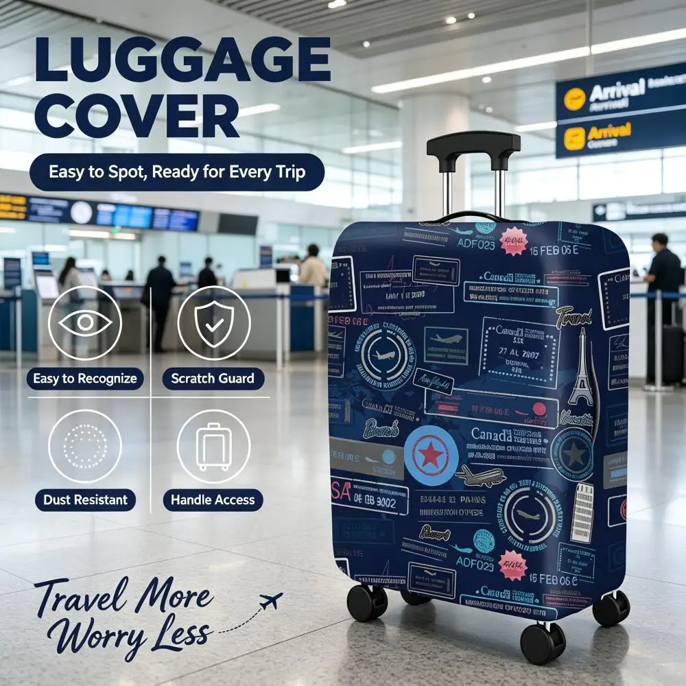 Retro Wanderlust Luggage Cover Navy Blue Visa Stamp Print Stylish Suitcase Dust Cover for Frequent Travelers