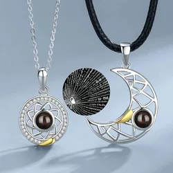 1 Pair Magnetic Couple Matching Necklace for Women Men 100 Languages I Love You Projection Sun Moon Heart Shape Pendant Jewelry