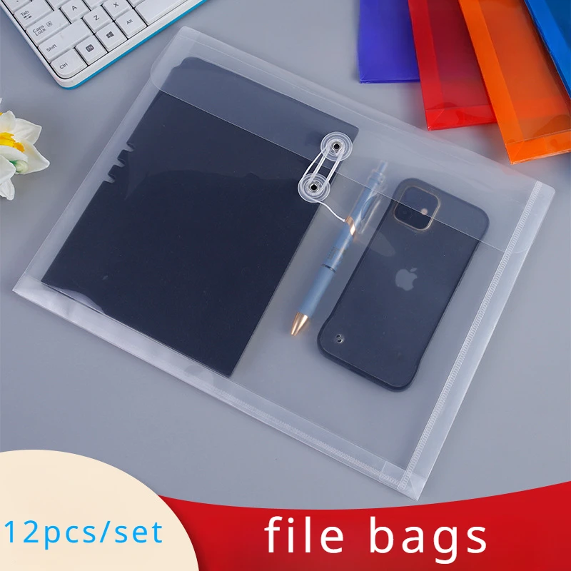 12 Pcs/set A4 Thickened Transparent File Bag with Rope Wrapped Office Business Bag Holder Student Test Paper Storage Bags