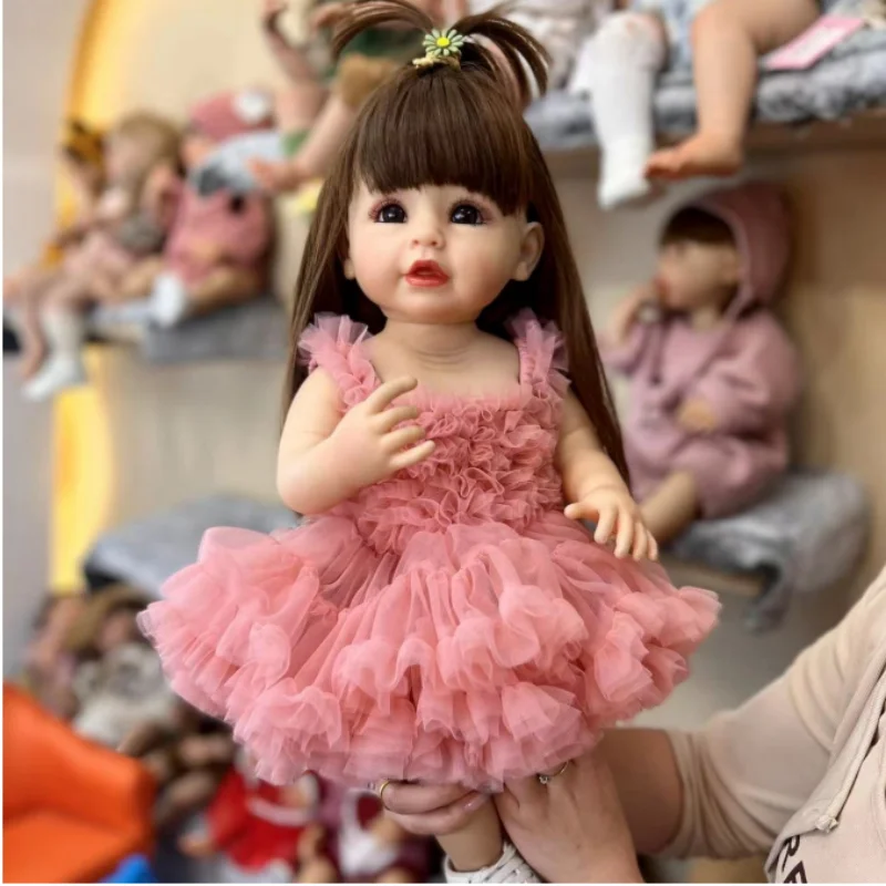 55CM Full Body Vinyl Soft Touch Reborn Dolls DouDou z różową sukienką Realistyczna lalka księżniczki dla maluchów Prezent świąteczny