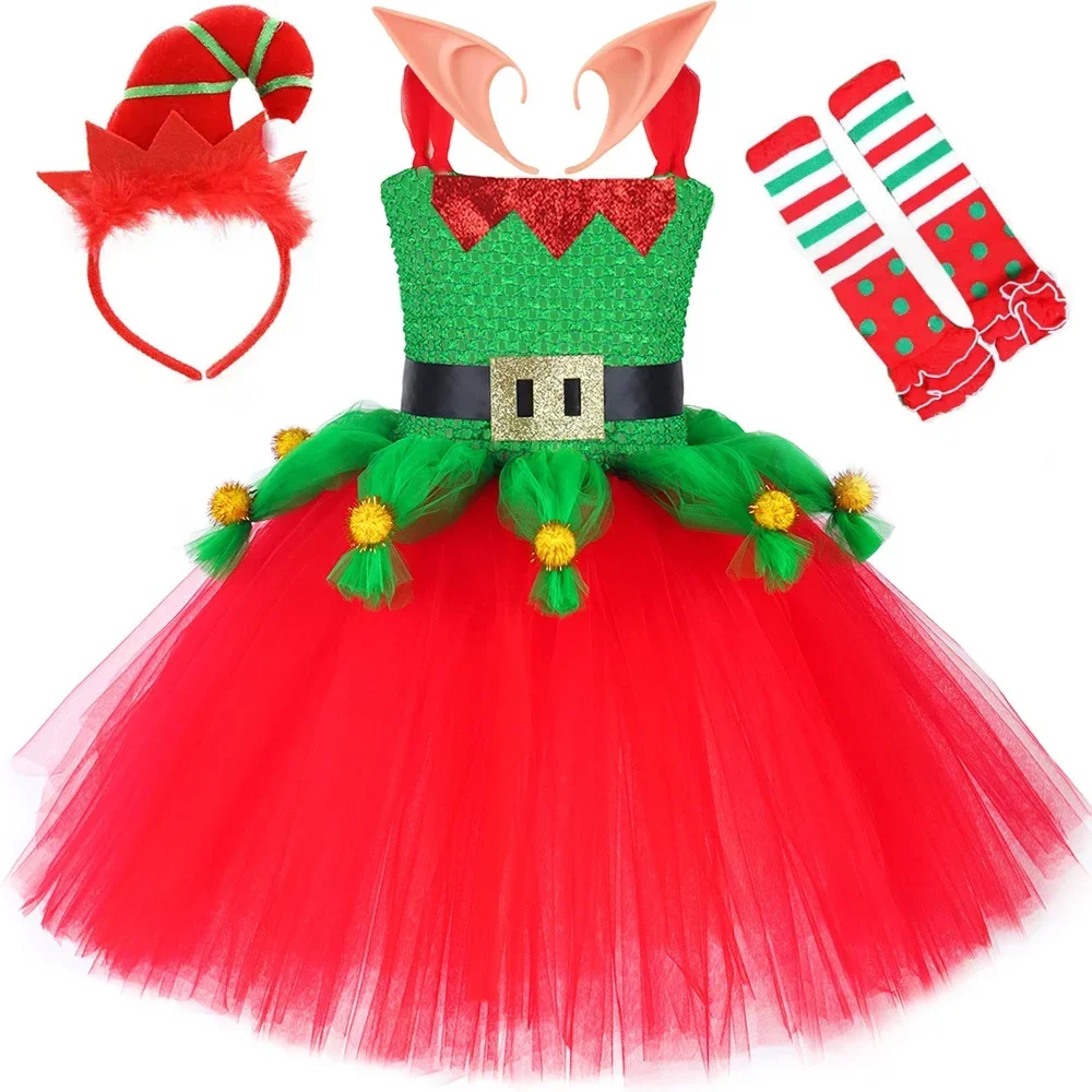 Fairy Christmas Elf Costumes for Girls Xmas Holiday Princess Dresses for Kids New Year Outfits Children Carnival Party Clothes