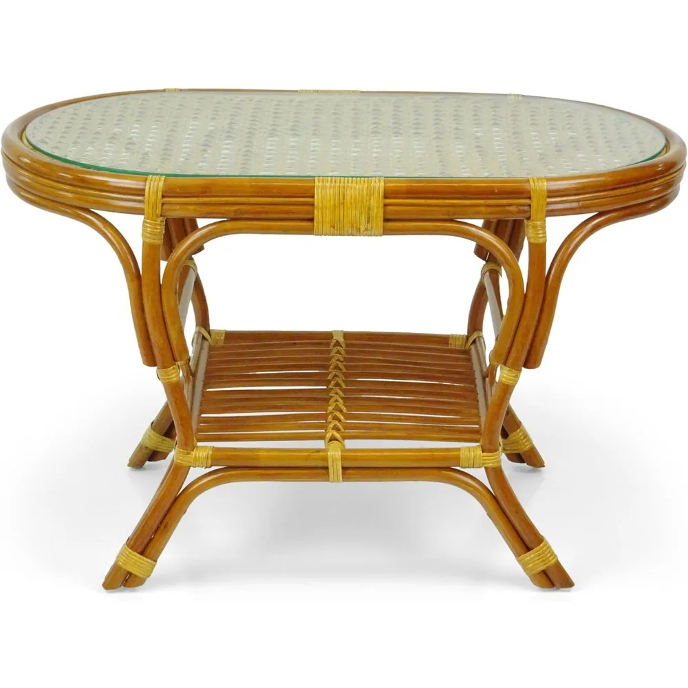 Pelangi Coffee Oval Table with Glass Top Natural Rattan Wicker ECO Handmade Design, Cognac