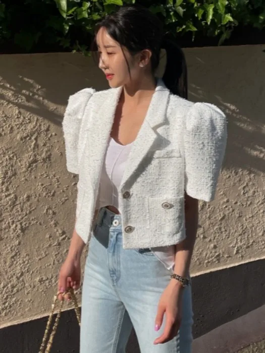

Summer Thin Bubble Tweed ort Sve Suit Women's Sweet Sle Single Button Pure Color Coat Regular Length Other Material 00%