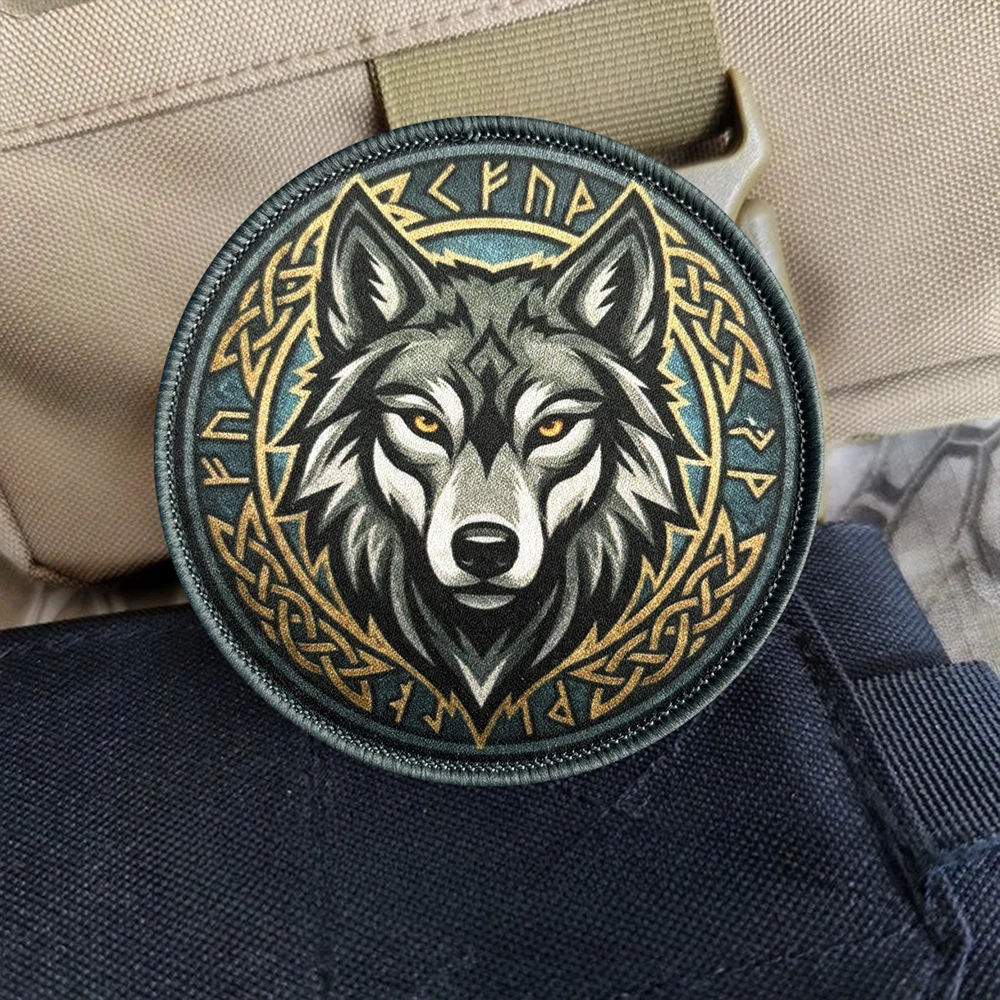 Viking Rune Wolf Printed Patch Norse Mythology Fenrir Morale Badge Hook Loop Celtic Knot Tactical Army Combat Vest Gear Emblem