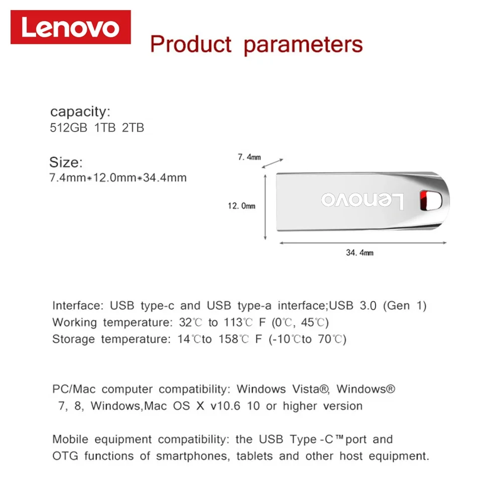 Lenovo-Clé USB 3.0 portable en métal haute vitesse, clé USB, mémoire étanche, disque flash, 1 To, 512 Go, 256 Go, 2 To