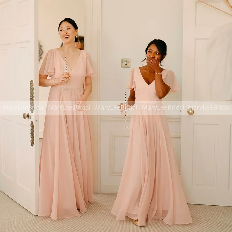Flesh Pink Chiffon Bridesmaid Dresses with Short Sleeves Simple V-neck Formal Wedding Guest Dress Women Party Gowns Customized