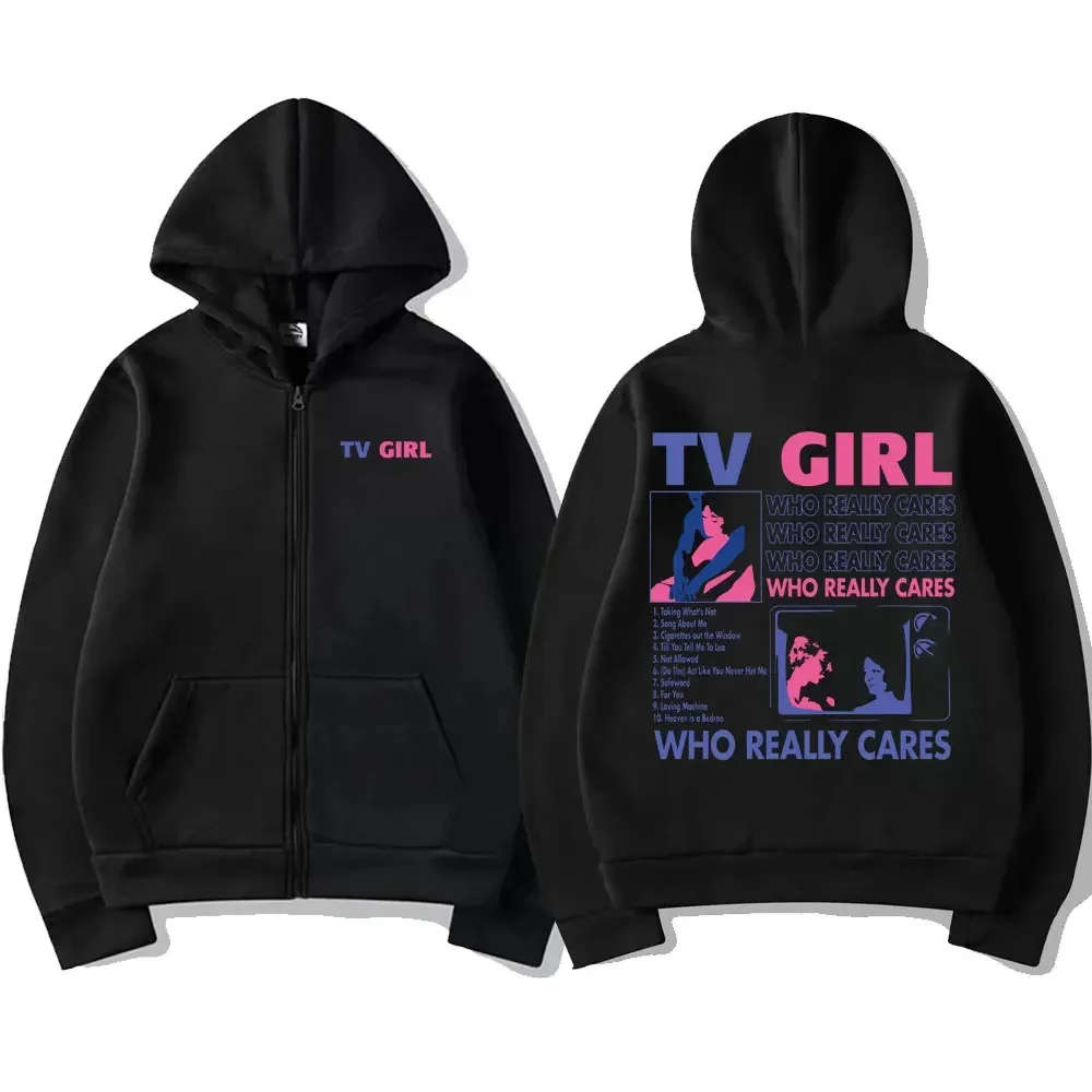 TV Girl Who Really Cares Print Zip Up Hoodie Unisex Oversized Black Streetwear Jacke – Detail 5