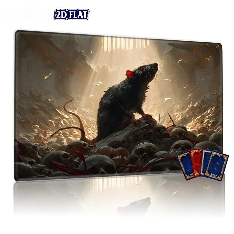 Dark and mysterious red-eyed rat pattern superimposed on human skull TCG game mat collectible card game desk accessories