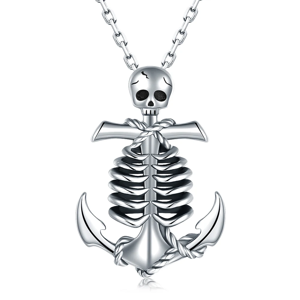 925 Sterling Silver Skull Anchor Necklace Skeleton Gothic Pendant Pirate Nautical Sailors Cool Punk Jewelry Gifts for Men Women