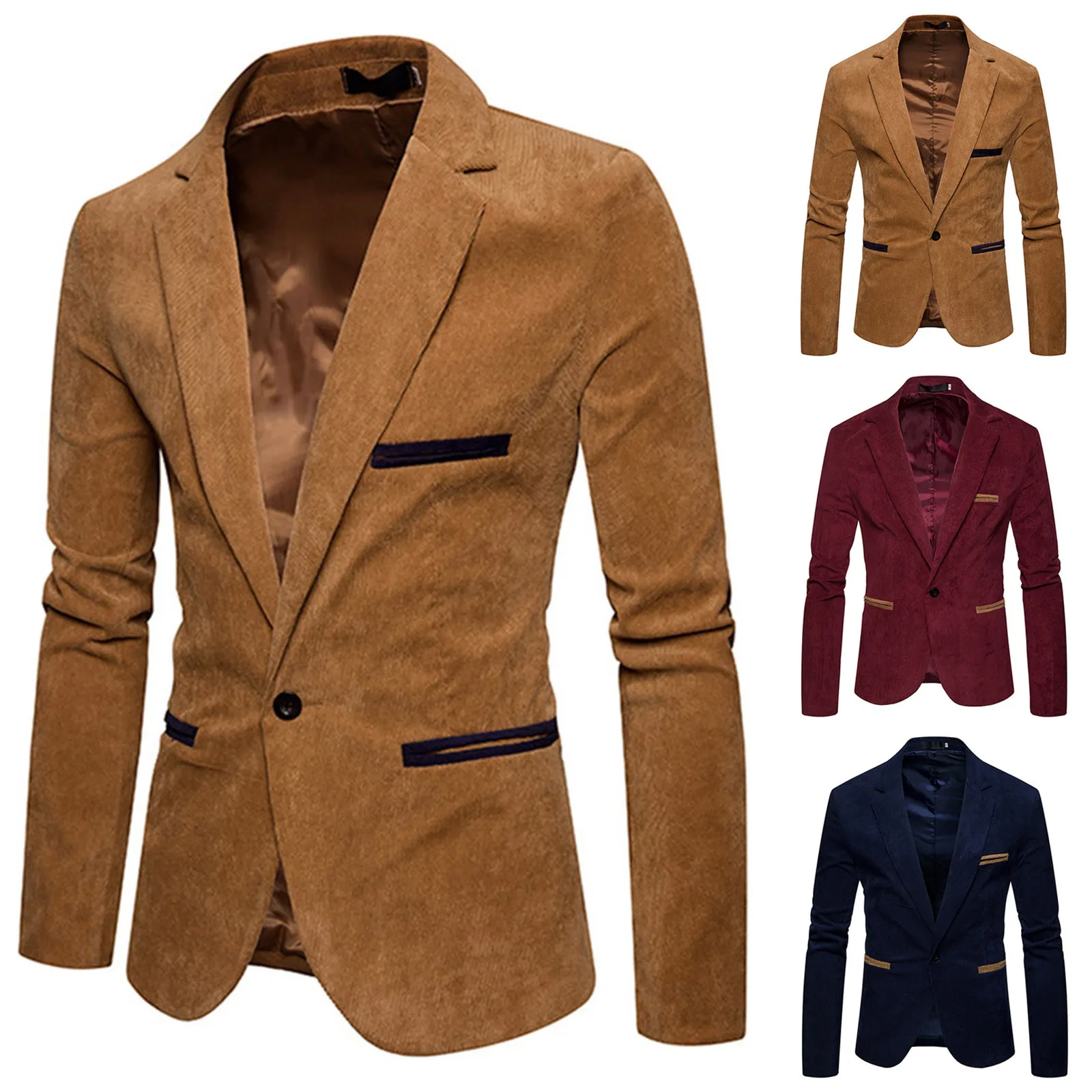 

New High Quality Men's Leisure Corduroy Blazers Jacket Fashion Patchwork Single Button Casual Slim Suit Jacket for Men Clothing