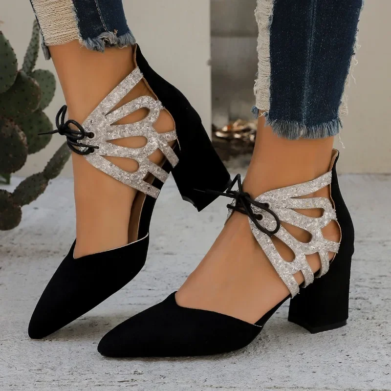 

2025 Fashion Ladies Shoes Lace-up Women's High Heels Hot Sale Plus Size Shallow Office and Career New Color Matching Heels Women