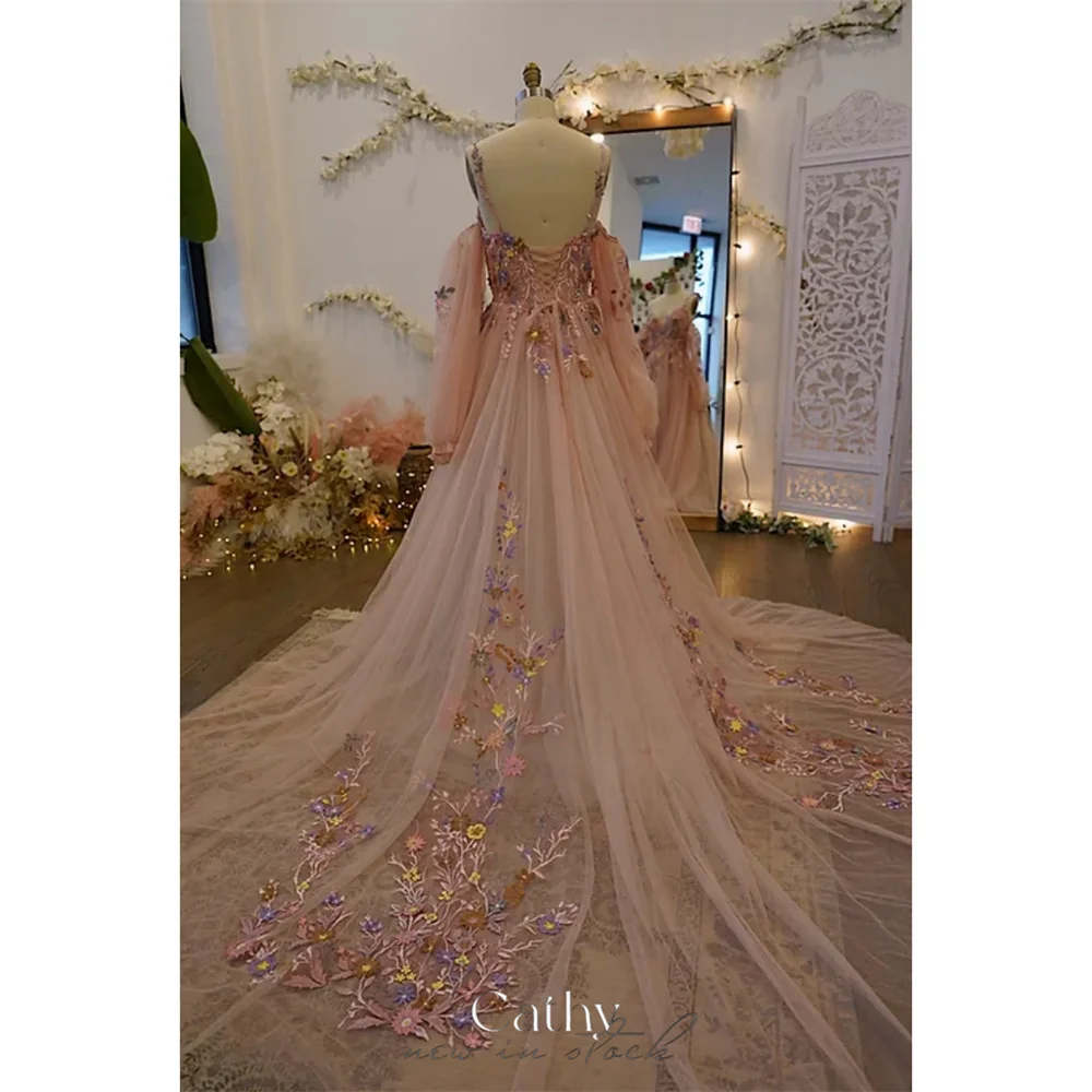 Cathy Pink Tulle Wedding Dresses Lace Embroidery V-neck Evening Dress Elegant Puffy Sleeves Detachable Train vestidos de fiesta