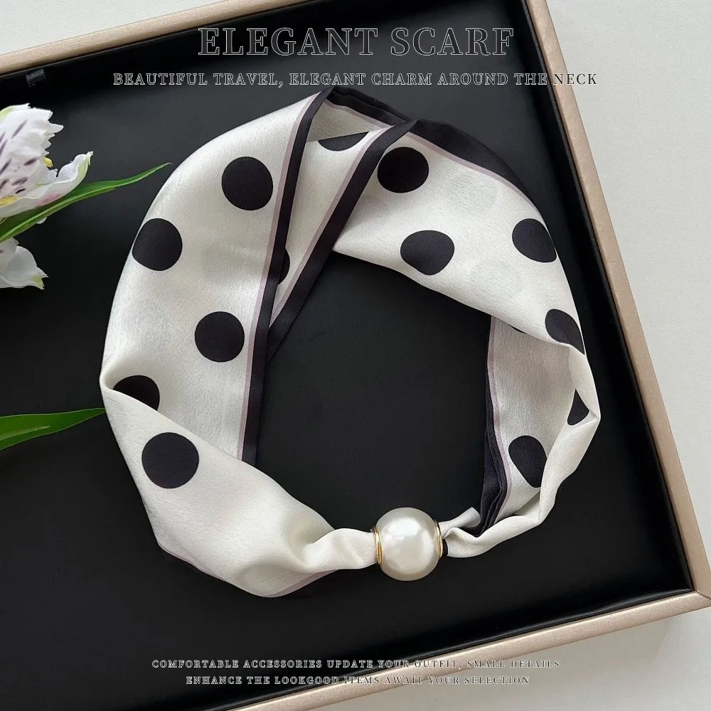 Fashion Magnetic Clasp Pearl Silk Scarf Thin Cashew Flower Neck Wrap Soft Lightweight Neckerchief for Women