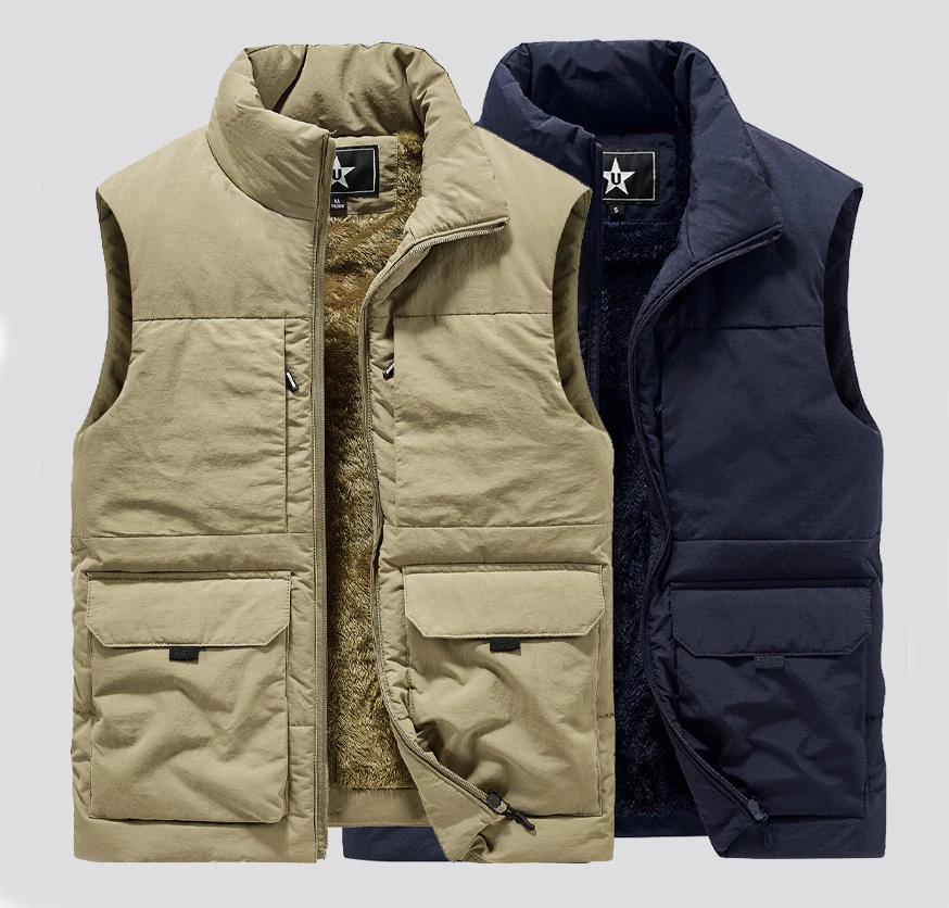 6XL Men Winter Hot Multi-pocket Cotton Cargo Vest Thickened Plush Windproof Warm Outdoor Safari Hiking Ski Sleeveless Jacket Men