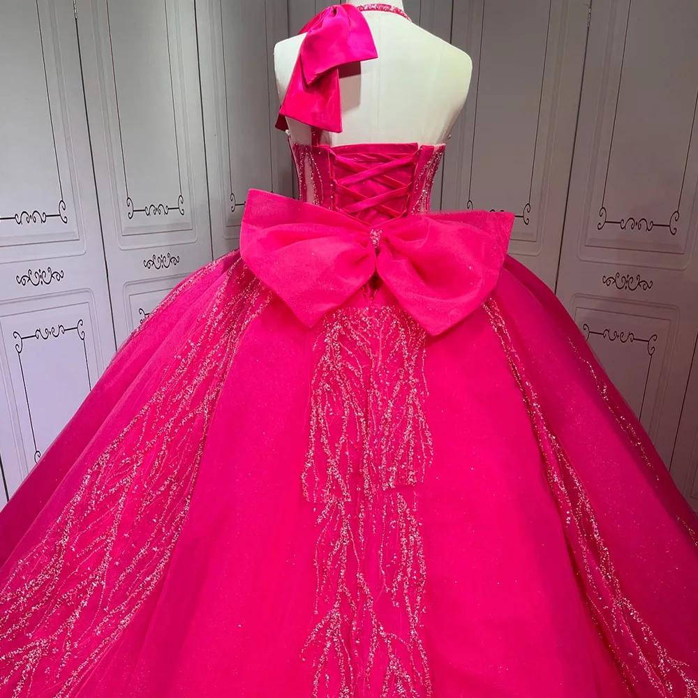 Pink Halter Quinceanera Dresses For 15 Party Princess Sleeveless Tulle Birthday Party Dress Robes vestido de 15 quinceañera