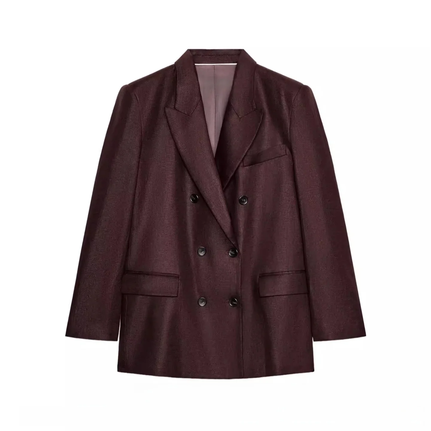 Elegant Women's Long Sleeve Linen Shoulder Pad Suit Jacket Straight Leg Pants Spring Summer New Arrival Double Breasted