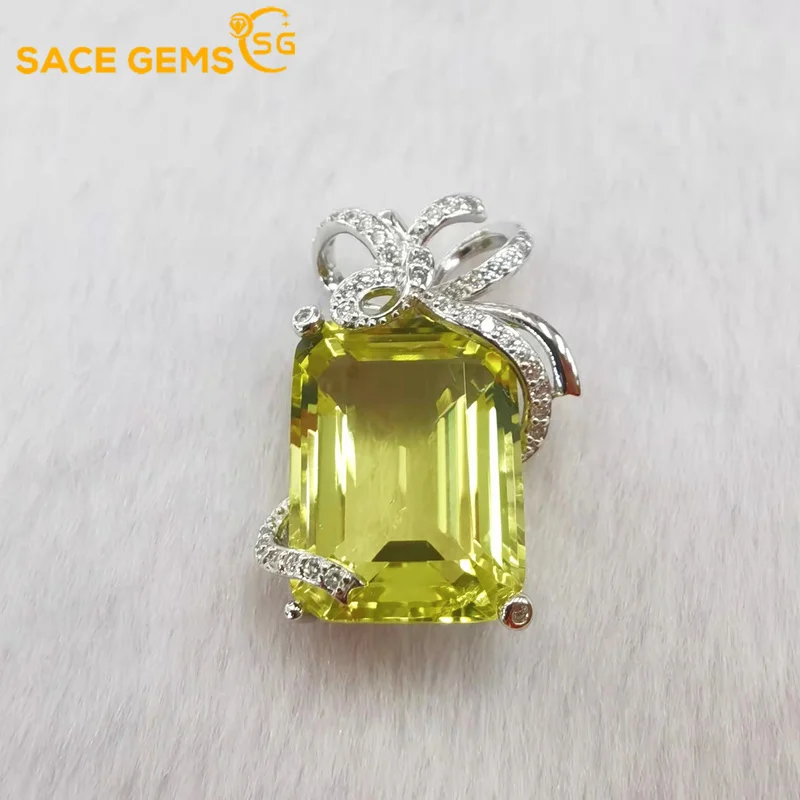 SACE GEMS Luxury Necklace Pendant for Women 925 Sterling Silver 12*16mm Lemon Quartz  Pendant Wedding Party Fine Jewelry Gifts