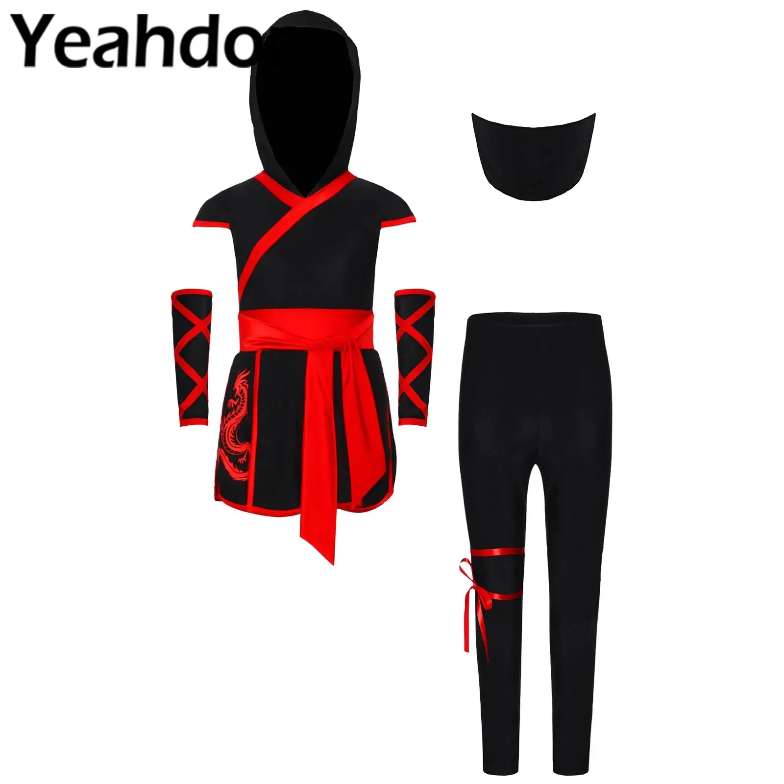 

Kids Girl Boy Ninja-Style Cosplay Costumes Halloween Roleplay Set Hooded Top Cap Sleeve Dragon Printed Hem Pants and Tie-Up Mask