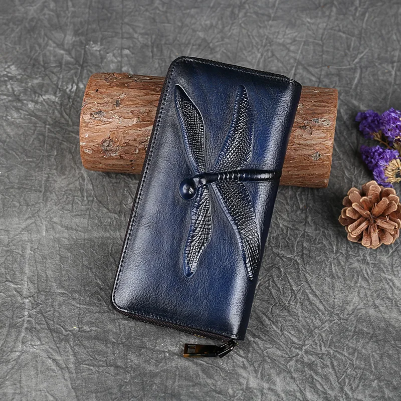 Genuine Leather Long Wallet for Women Purse ID/Credit Card Cash Holder Dragonfly Retro Designer Female Cowhide Money Clutch Bag