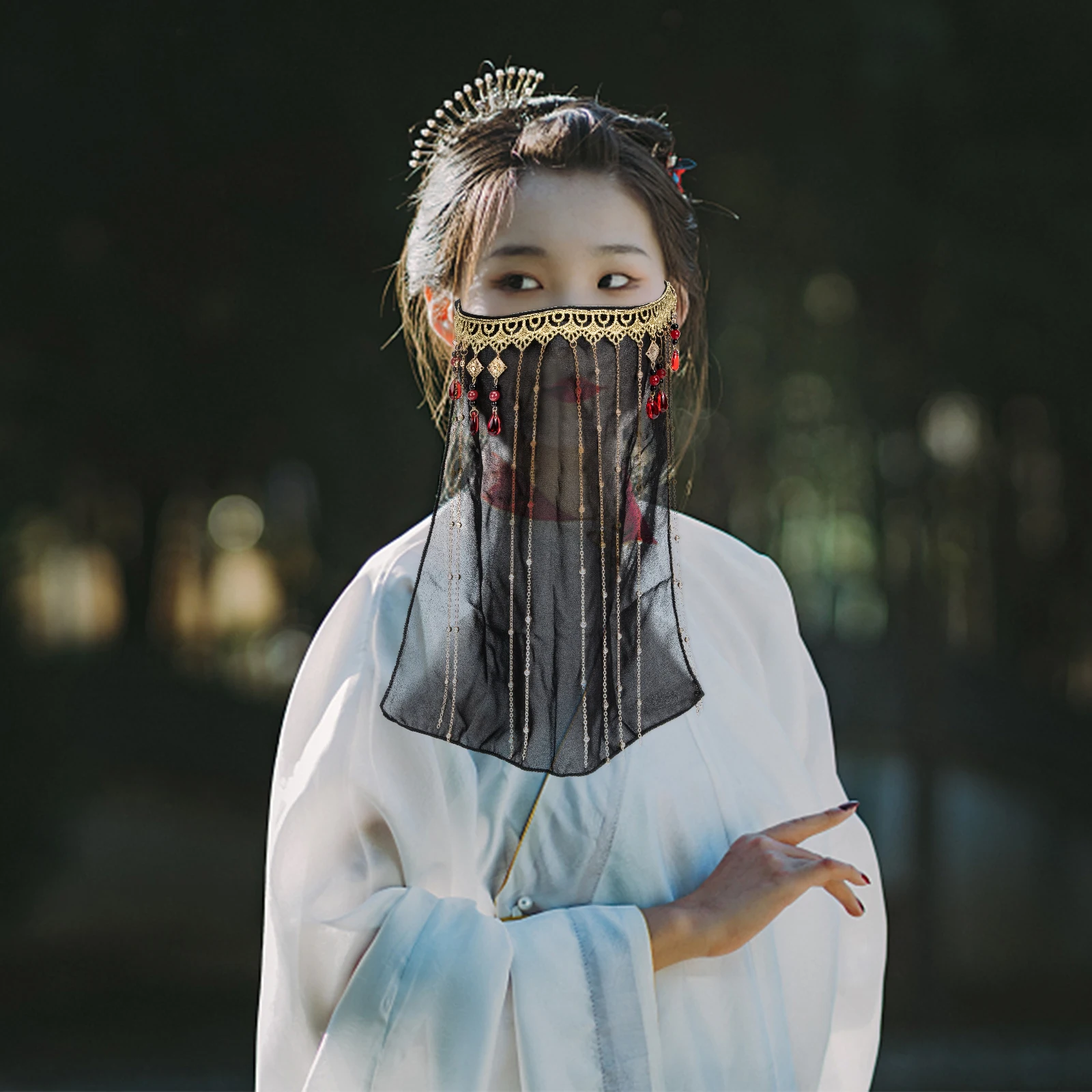 Retro Tassel Face Veil Women Beaded Sunscreen Dance Hanfu Accessory Vintage Clothing Props One Size Fits All Girls
