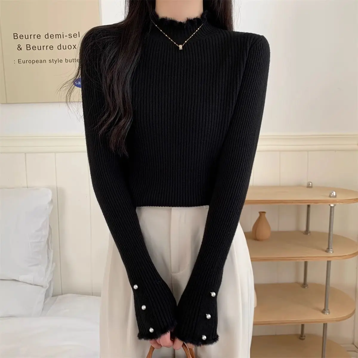 

Мягкий тонкий вязаный свитер, женский свитер с завязками, полувысокий воротник, базовый слой, с длинными рукавами, облегающий универсальный топ для внутренней одежды M176