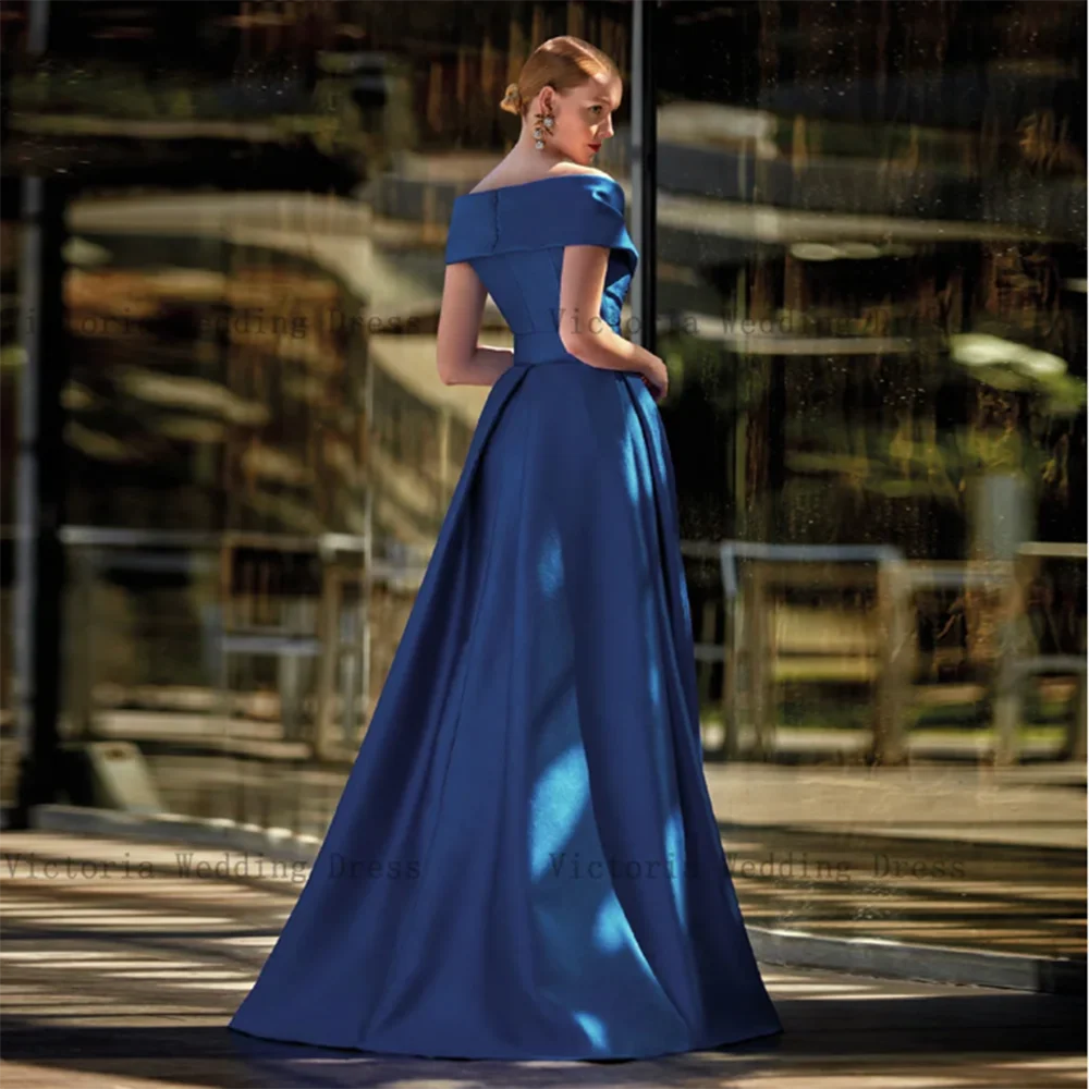 Haute qualité bleu femmes robes de bal épaules dénudées a-ligne longueur de plancher sans manches mode Chic fendu femme robes de soirée