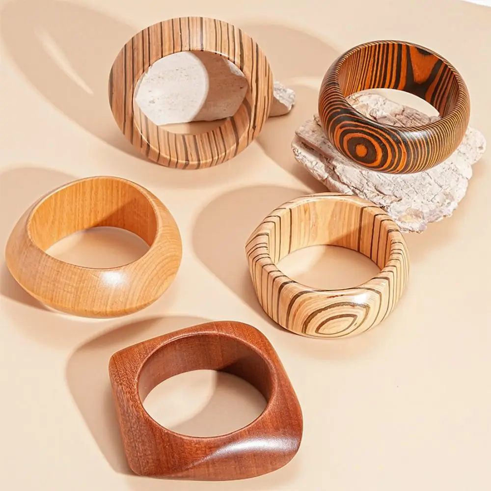 

Bohemian Wood Wide Bangle Minority Design Europe American Style Strip Pattern Bracelet Geometric Round Retro Hand Ring Gift