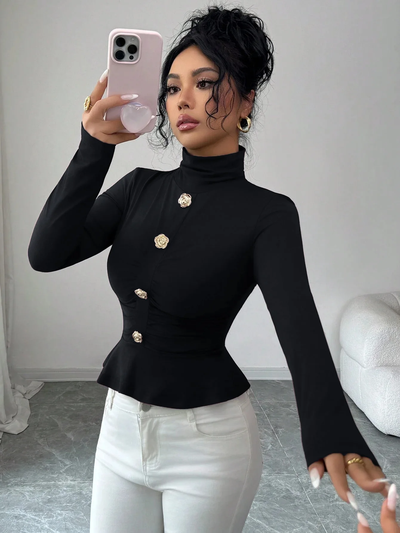 2026,أوروبية، ملابس، خريف، شتاء، تي شيرت، موضة، مثير، الياقة المدورة، روز، زر، ثنيات، كشكشة، نساء، بلايز، كم طويل، تي شيرت، 512009 #4