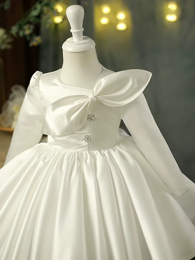 Luxurious Satin Girl Party Dress Big Bow Kids White Christening Elegant Dresses for Bridesmaid Wedding Princess Birthday Gown 5T