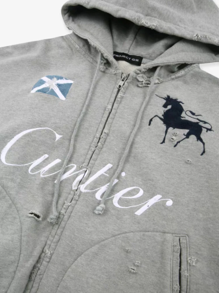 Grailz LEARL Splicing, Washing, Make Old, Grinding, Embroidered, War Horse Zipper, Kapuzenpullover für Herren