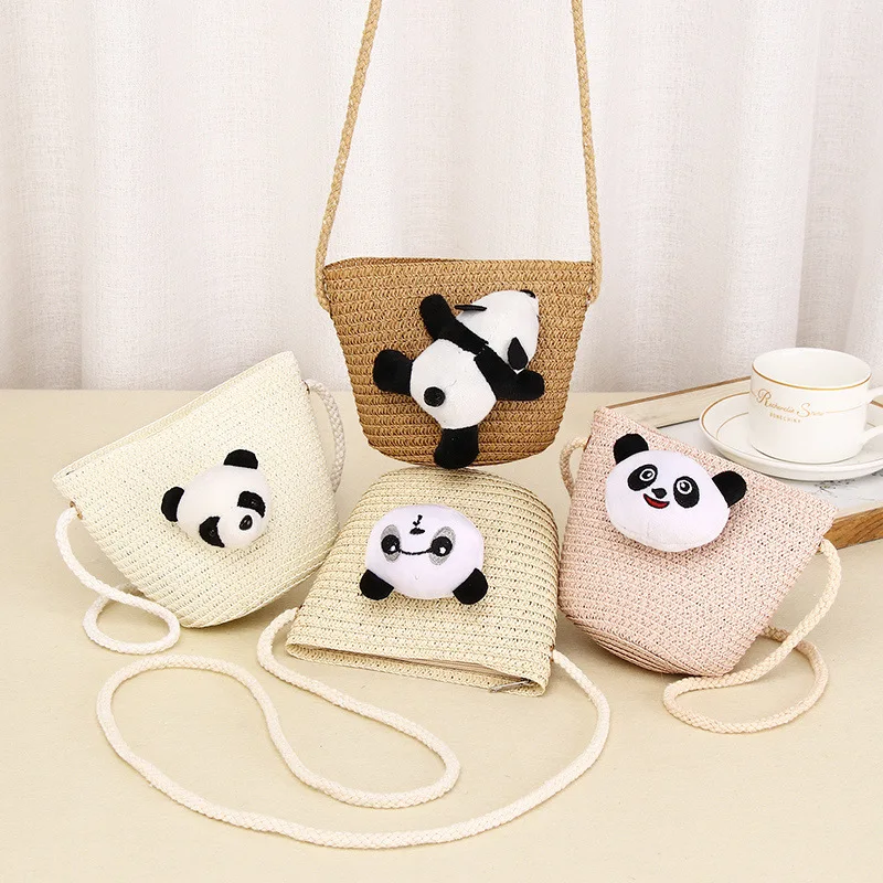 Summer Children's Woven Small Shoulder Bag Cute Panda Design Girls Straw Purse Handbags Beach Travel Baby Kids Crossbody Bags