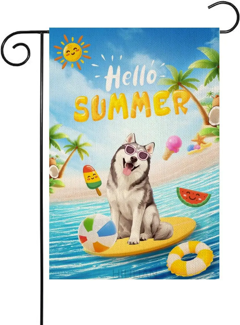 Hello Summer Sea Beach Dogs Garden Flag, Husky Flag 12x18 Inch Double Sided,Ice cream Watermelon Seasonal Burlap Yard Flag f PPZ