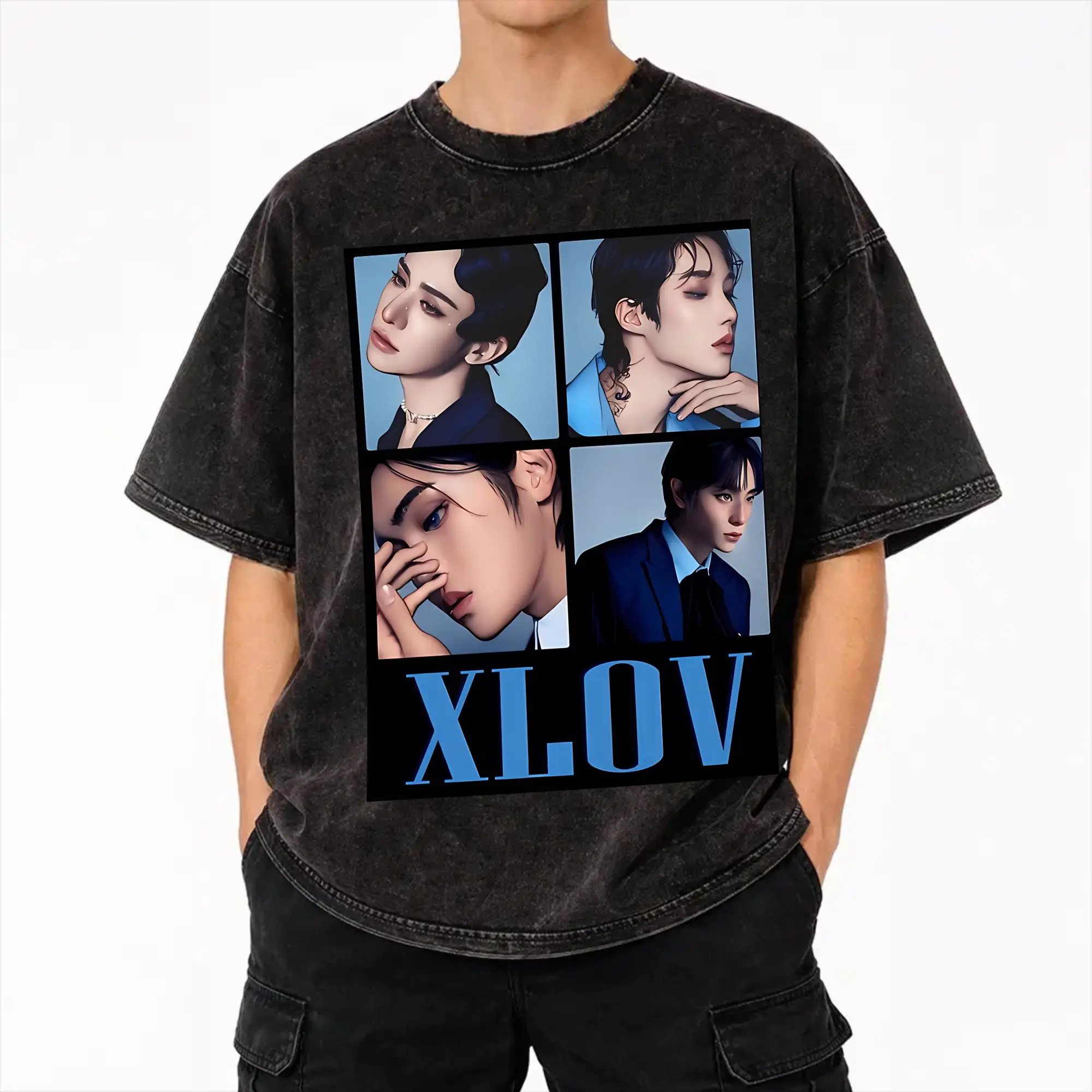  XLOV UXLXVE Members Outfit Washed T Shirt Men Women Streetwear Hip Hop T-Shirts Graphic Printed  Tees Short Sleeve