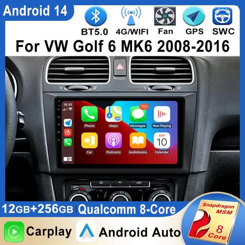 Android 14 Car Radio For Volkswagen VW Golf 6 MK6 2008-2016 Multimedia Video player GPS Navigation WIFI 5G Carplay Android Auto