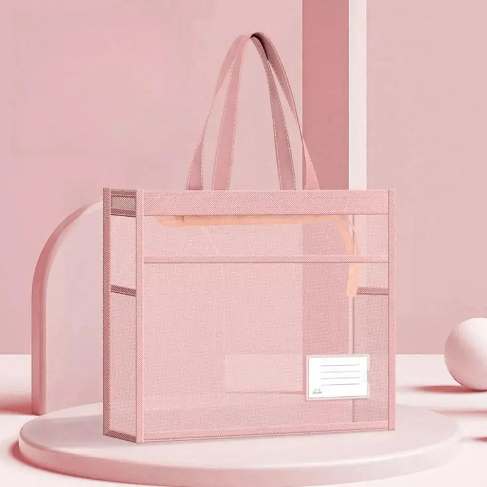 Portable A4 Transparent File Bag Mesh Large Capacity File Storage Bag Double-Layer with Handle Document Bag School Office