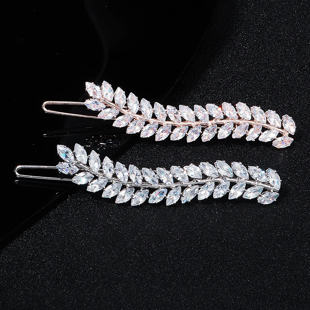 Fashion Barrette Cubic Zirconia Leaf Hair Clips for Women Accessories Bridal Wedding Hair Jewelry Party Bride Headpiece