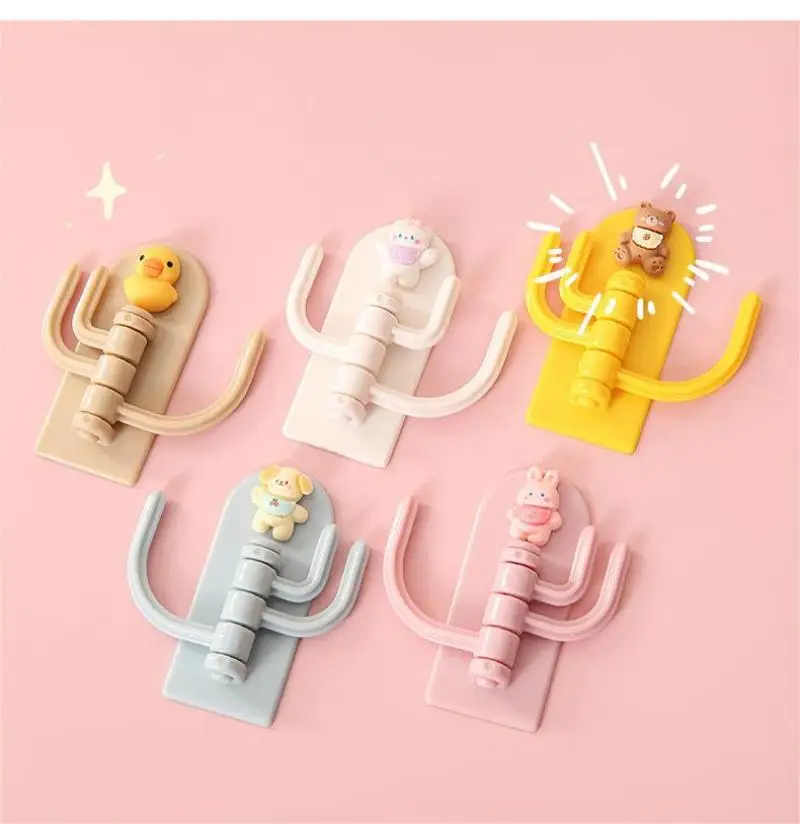 Creative Cartoon Three-Hook Hooks Cute Plastics Animals Self-Adhesive Wall Mounted Rotating Hanger Sticky Hook Storage Rack