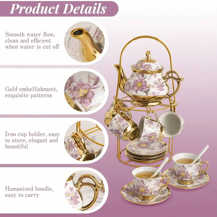 20 Pcs Porcelain Tea Set With Metal Holder, Adult Tea Set Gift, European Ceramic Tea Set For Adults, Flower Tea Cup Saucer Set F