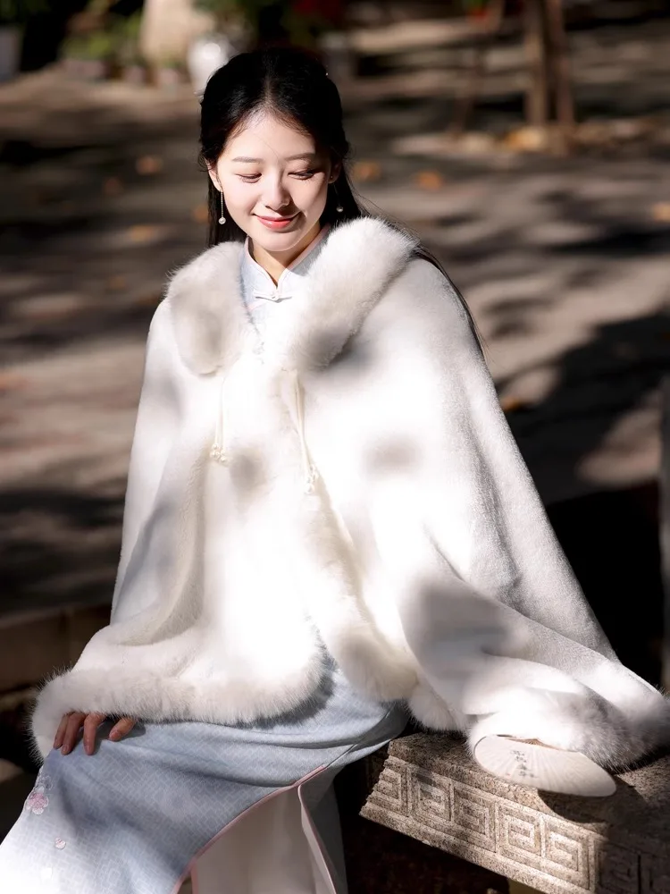 Elegante princesa con ribete completo, capa de piel sintética hecha a mano, prendas de vestir exteriores para mujer, capa de felpa cómoda para invierno, abrigo chal grueso para boda