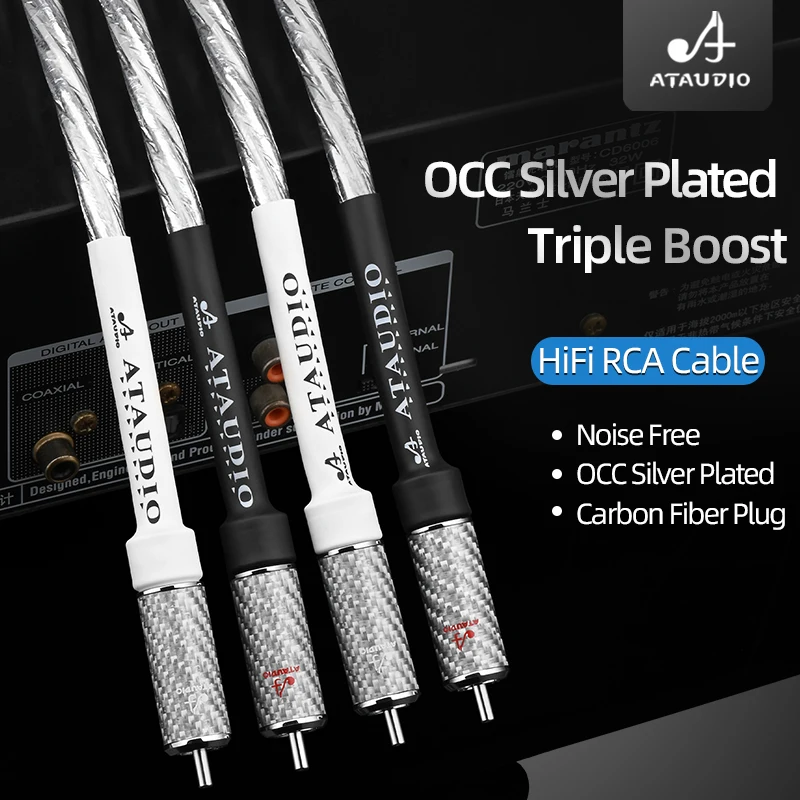 ATAUDIO One Pair RCA Audio Cable 6N OCC Silver Plated HiFi 2RCA Male to 2RCA Male Interconnect Cable for Amplifier DAC Mixer