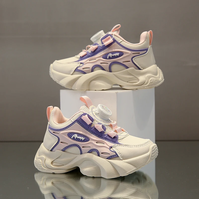 

Дышащие кожаные кроссовки для маленьких девочек с вращающейся пуговицей, новинка 2023 года, весенние детские спортивные кроссовки на массивном массиве, школьная обувь на мягкой подошве