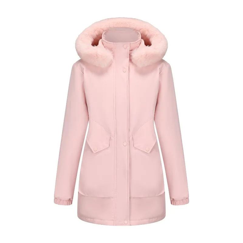 Autumn and Winter New Women's Cotton Jacket, European Size Medium Long Plus Velvet Women's Hooded Cotton Jacke