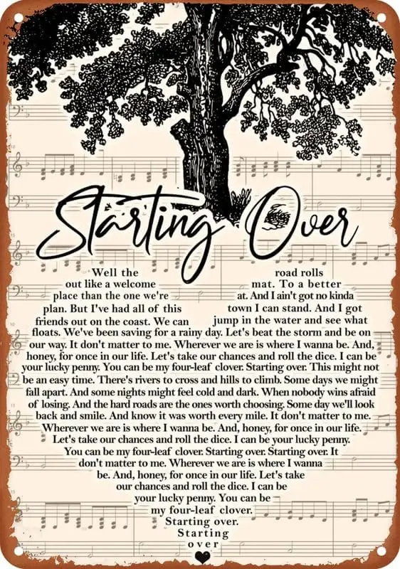 Chris Stapleton - Starting Over Lyrics Poster, Vintage Metal Aluminum Tin Sign, Wall Decor, 8 x 12 Inch