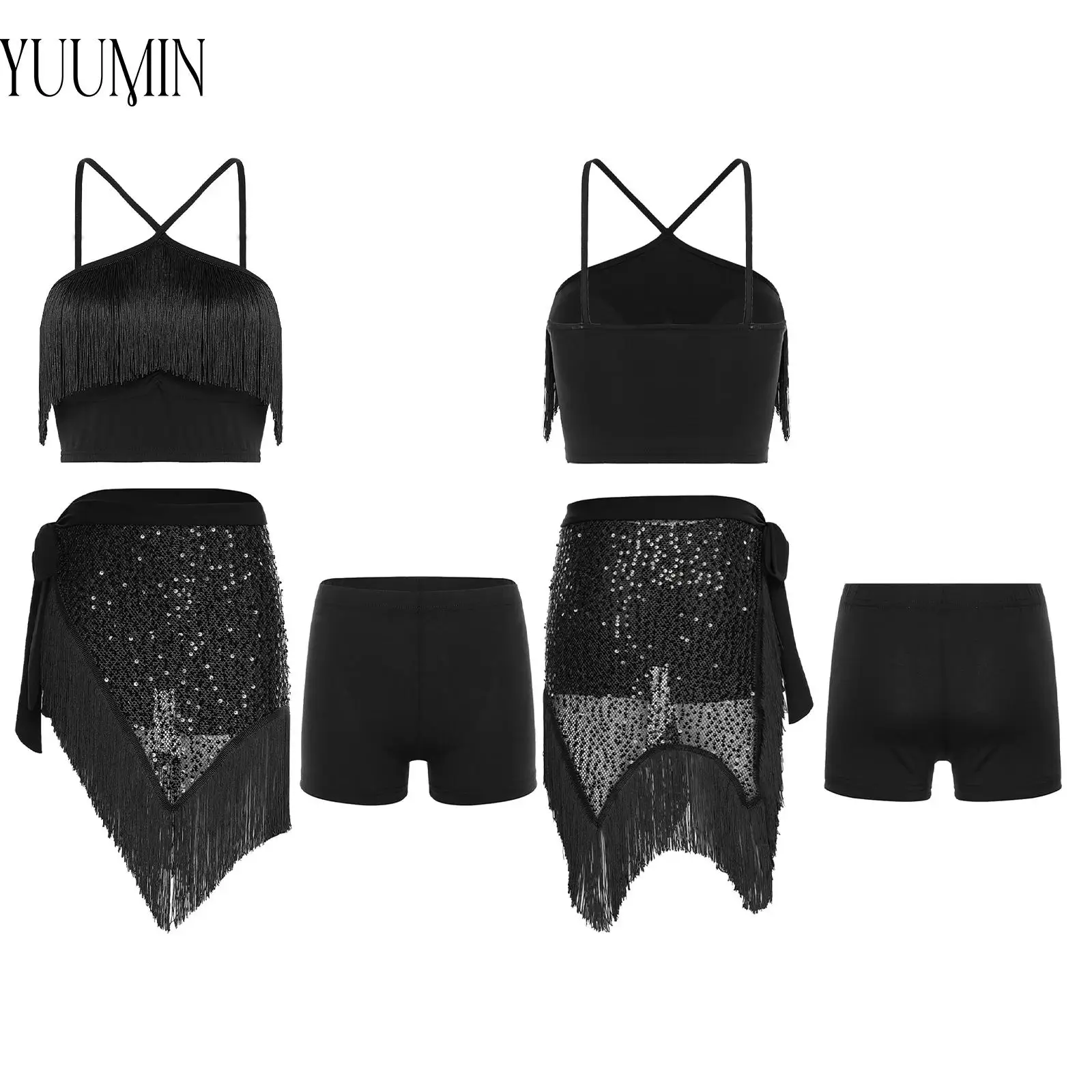 

Women's Belly Dance Set Lyrical Latin Ballet Modern Dancing Costumes Tassel Crop Top Safety Shorts And Sequin Lace-up Hip Scarf