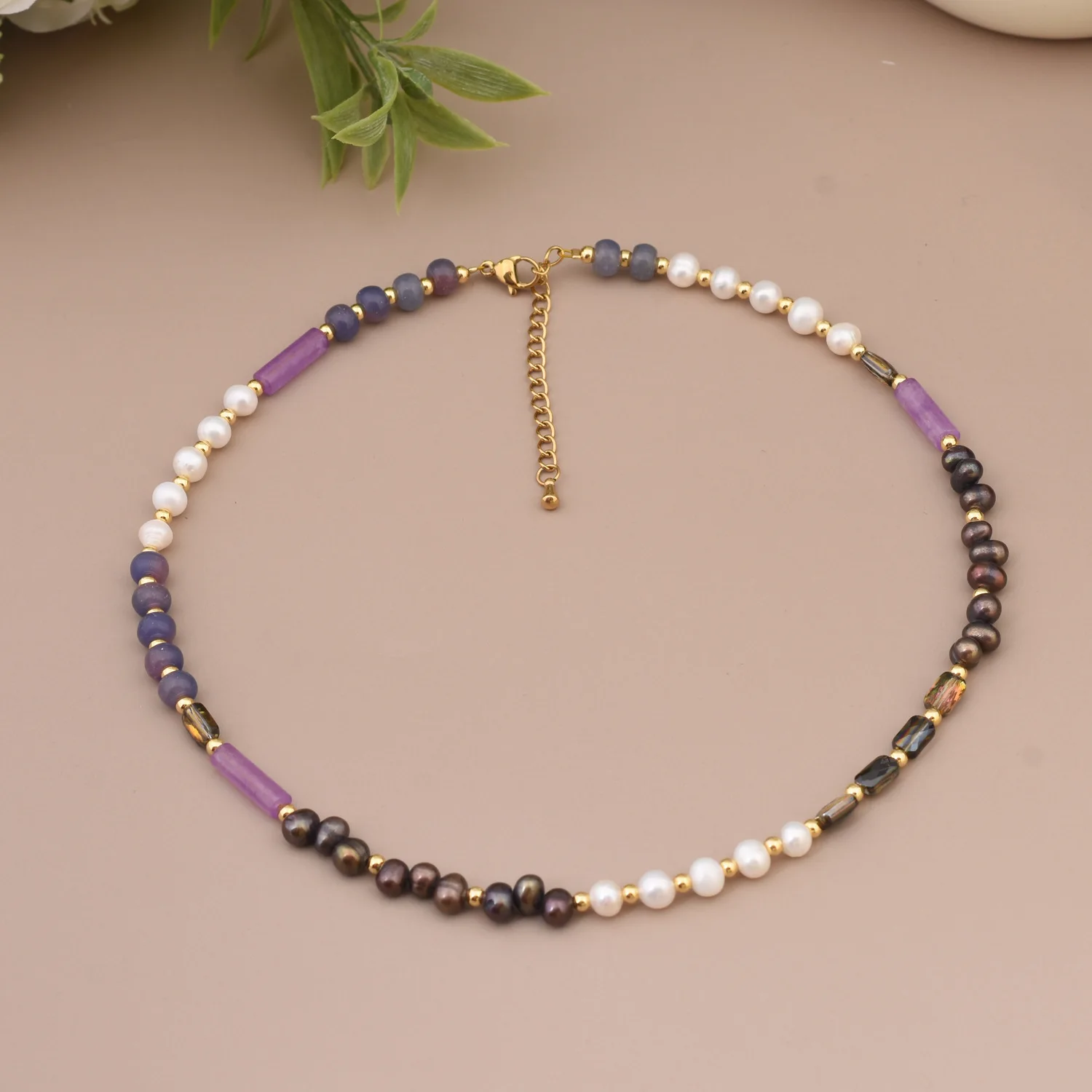 Natural Amethyst Stone Tube Black White Pearl Splicing Beaded Necklace Trend Choker Fashion Retro Simple Temperament Bracelet