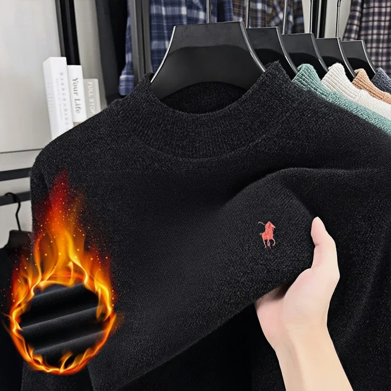 

Luxury brand velvet sweater men's exquisite pony embroidery 2025 winter new thick and warm round neck knitted pullover sweater