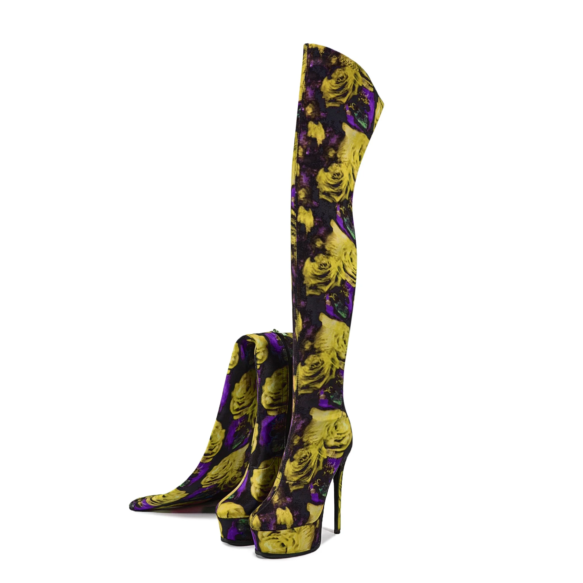 

2025 New Round Head Fine Waterproof Table Show Thin Rose Flower Big Size Stretch Over Knee Boots Runway Show