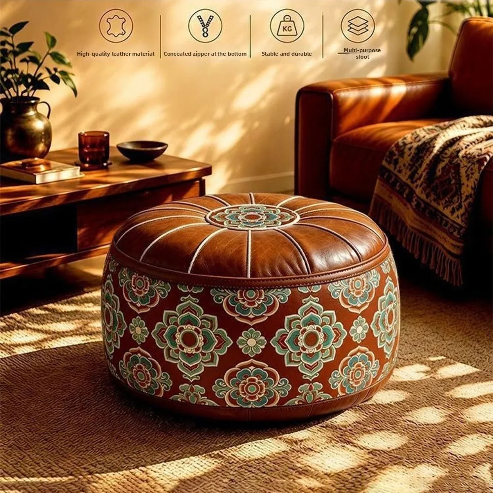 New PU Leather Fillable Ottoman Pouf Round Shape Moroccan Style Storage Ottoman Embroidered Pattern Floor Seat Cushion Home Use