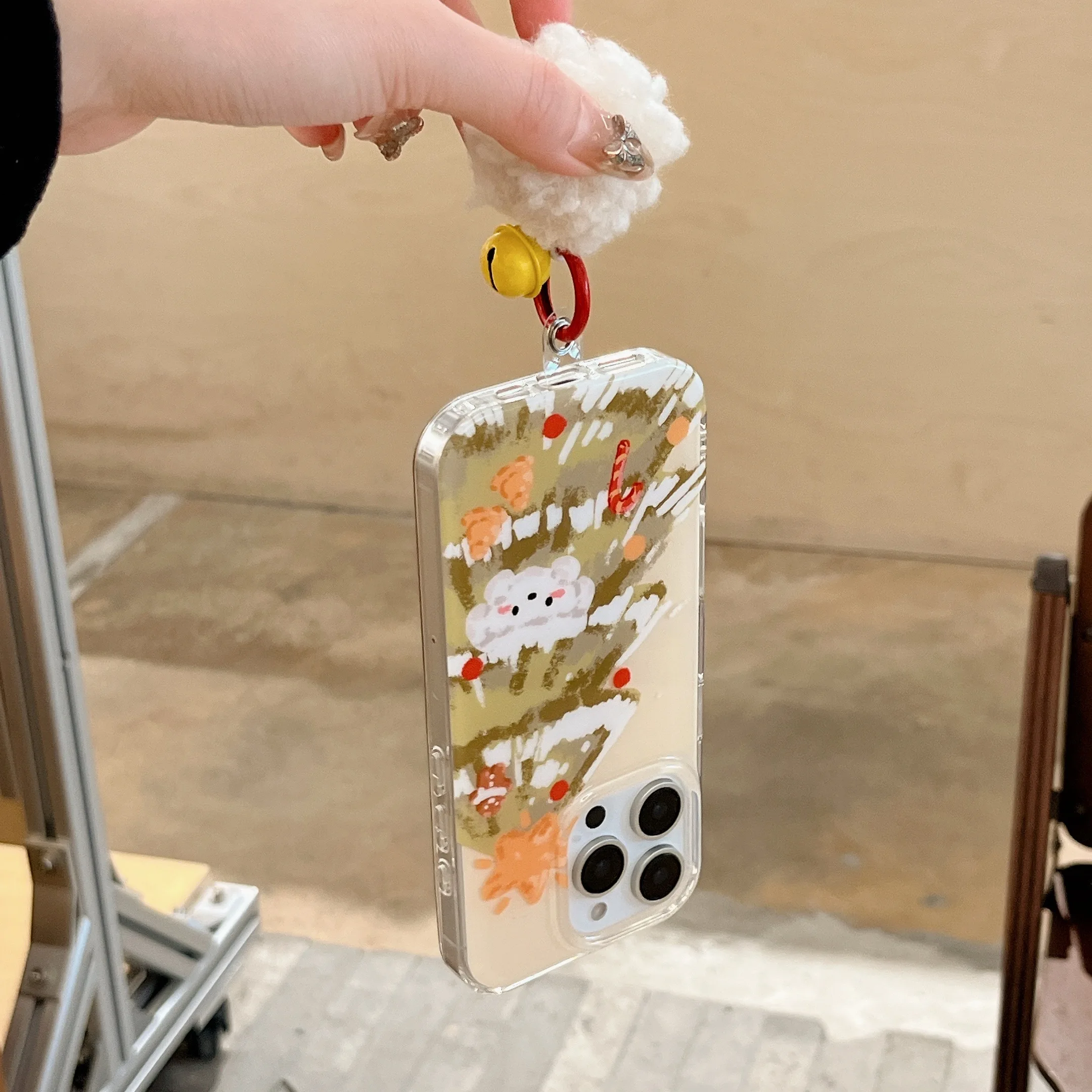 Casing HP iPhone 17 16 15 14 13 Pro Max dengan Gantungan Lonceng Pom-pom Bulu Anjing Natal