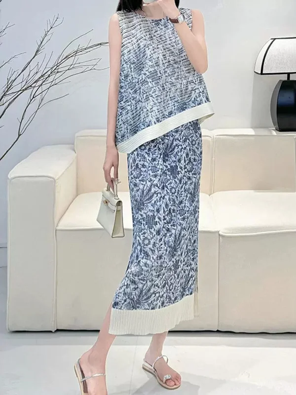 

Tee Houses High-End Summer Pleated Set Vintage Blue Porcelain Print Asymmetrical Vest Skirt Set Polyester Fiber Faionable
